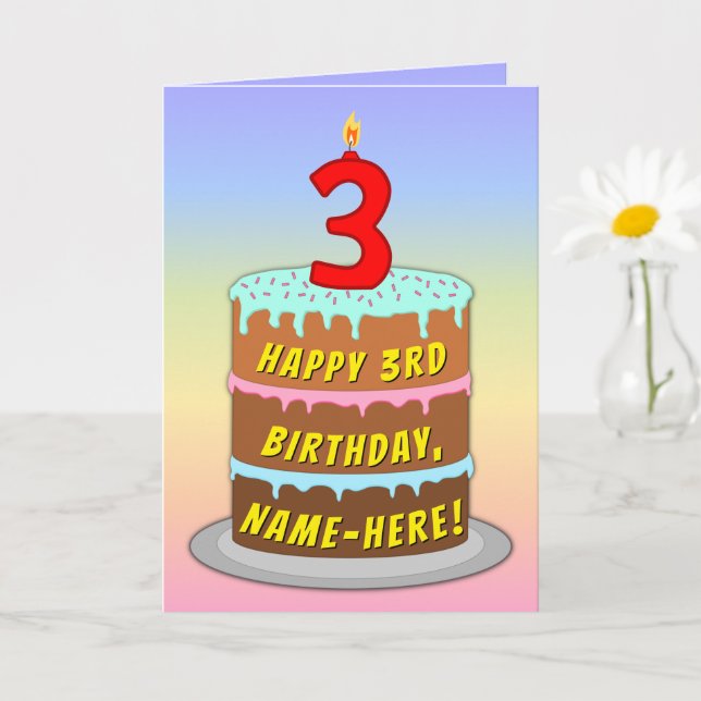 Carte 3e anniversaire — Fun Cake & Candle, avec un nom p (Petite plante)