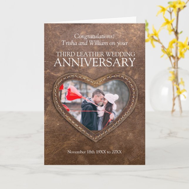 Carte 3e anniversaire mariage en cuir photo personnalisé (Fleur jaune)