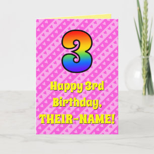 Carte 3e anniversaire : Pink Stripes & Hearts, Rainbow #