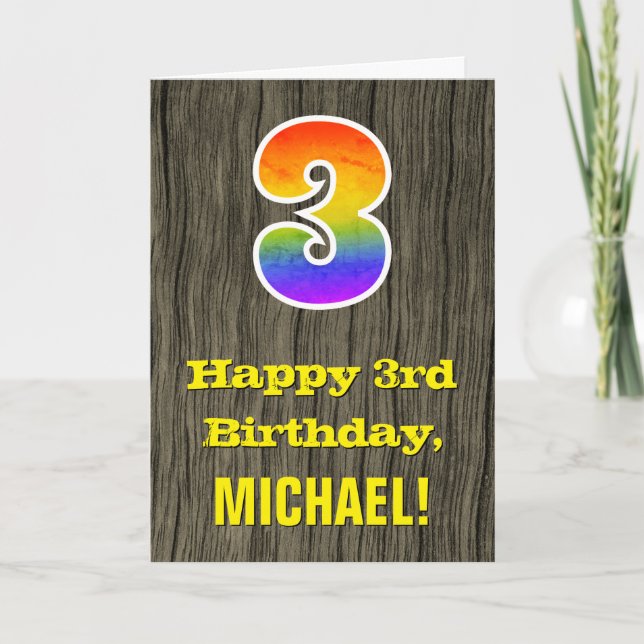 Carte 3e anniversaire : Rustic Faux Wood Look, Rainbow " (Devant)