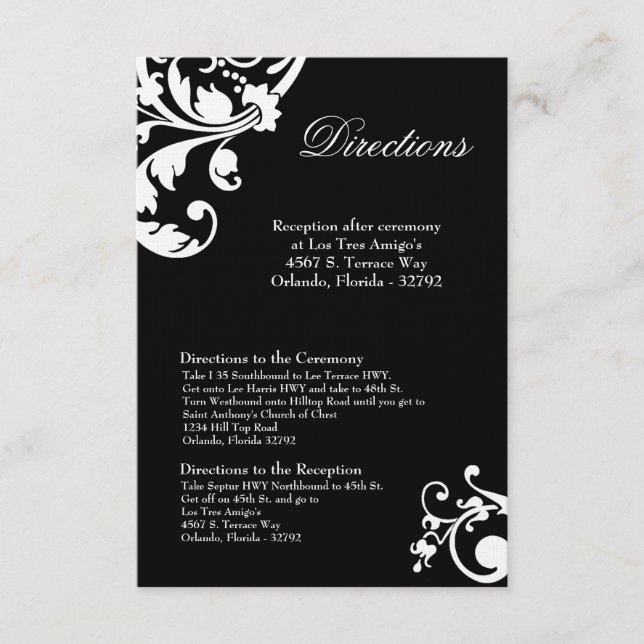 Carte 3x5 Directions Filigree floral noir blanc (Devant)