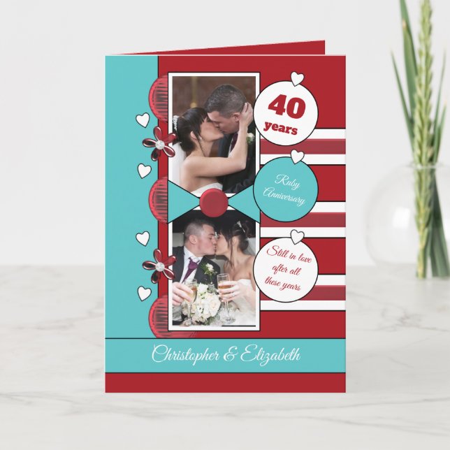 Carte 40 ans Rubis anniversaire rouge et vert photo (Devant)