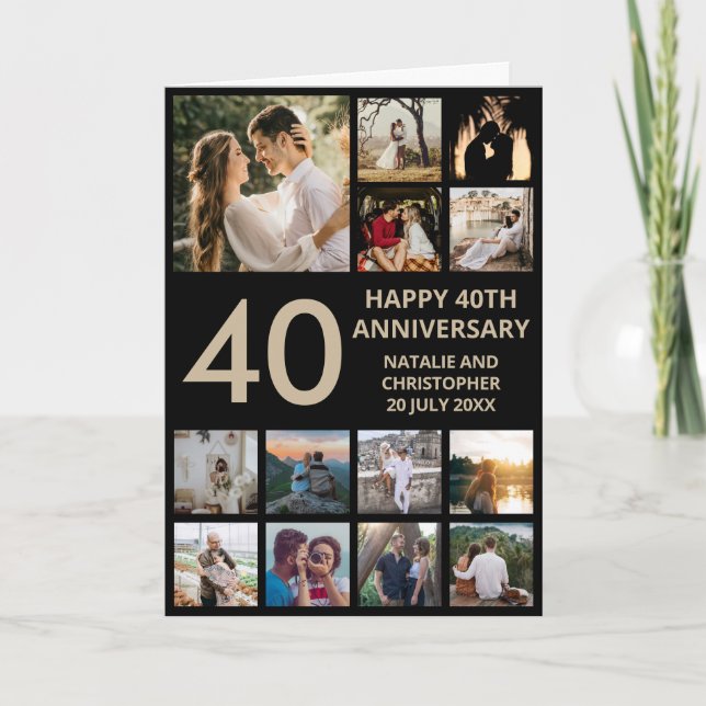 Carte 40e anniversaire 13 photo Collage noir et or (Devant)