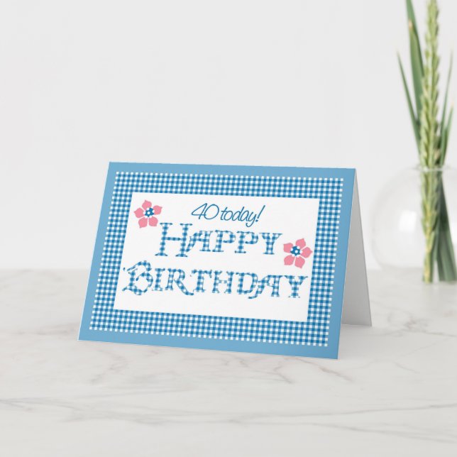 Carte 40e anniversaire, Blue Check Gingham Pattern (Devant)
