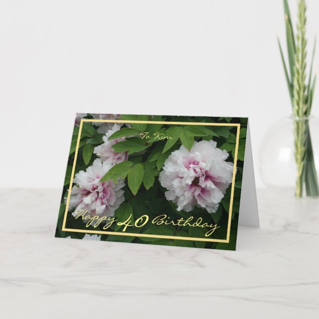 Carte 40e anniversaire Kim Peonies Elégant cadre doré (Devant)