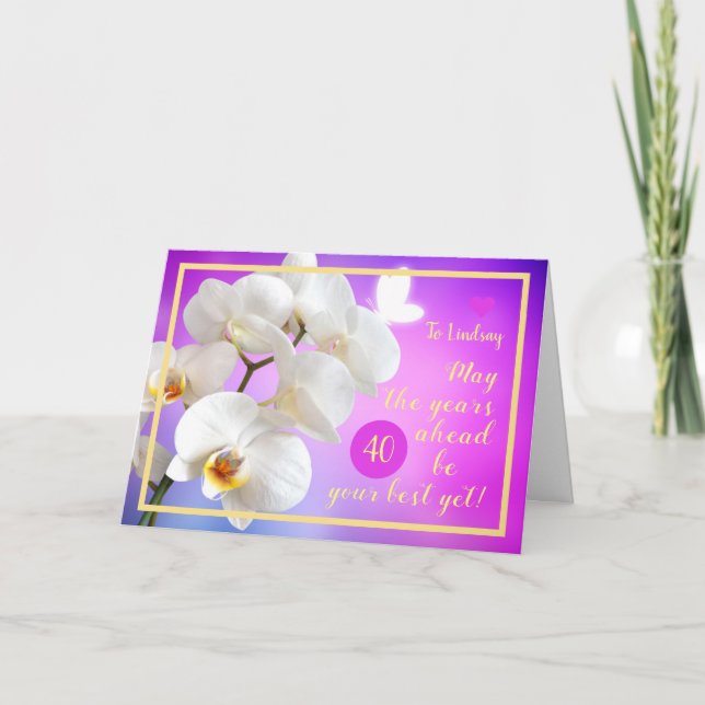 Carte 40e anniversaire Lindsay Orchids Elégant cadre dor (Devant)