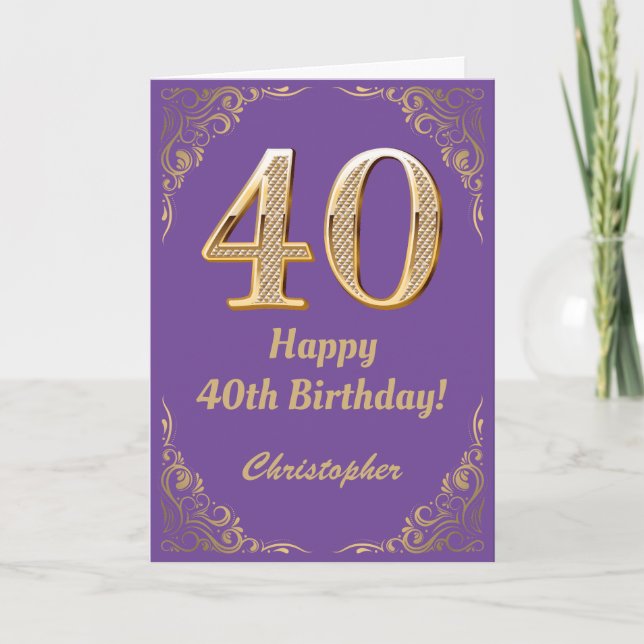 Carte 40e Anniversaire Parties scintillant violet et or (Devant)