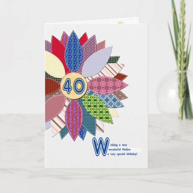 Carte 40e anniversaire pour mère, fleur cousue (Devant)