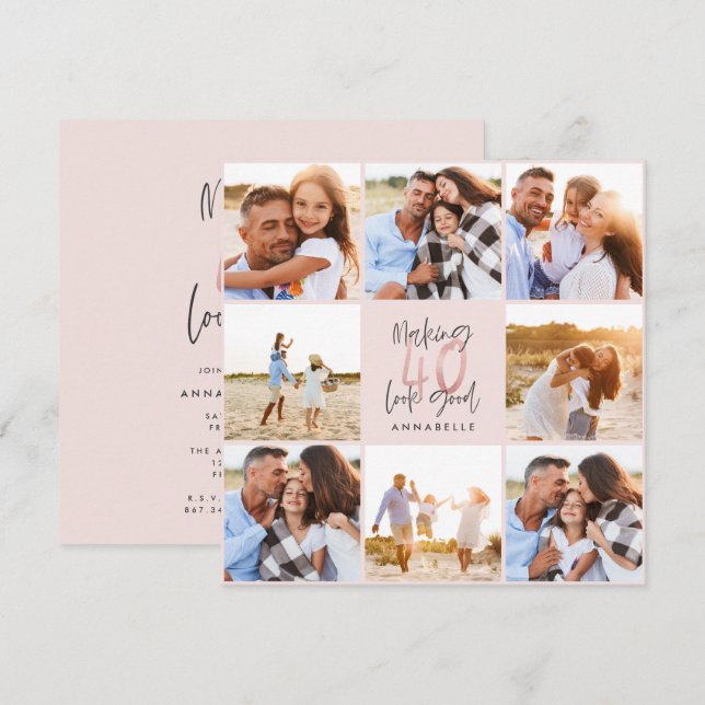 Carte 40e anniversaire rose girly parties scintillant ph (Devant / Derrière)