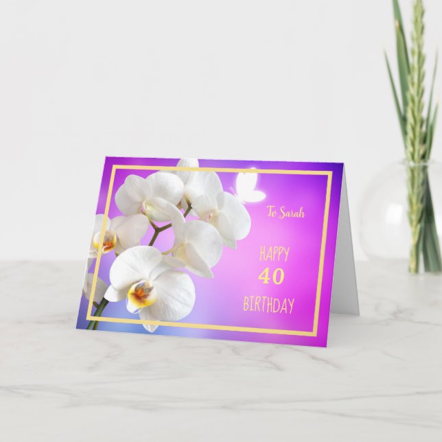 Carte 40e anniversaire Sarah Orchids Elégant cadre Or (Devant)