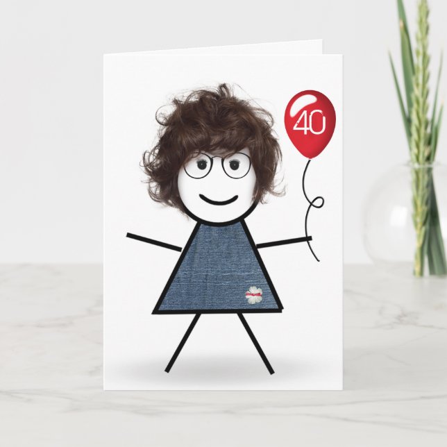 Carte 40e Anniversaire Stick Girl avec ballon rouge (Devant)