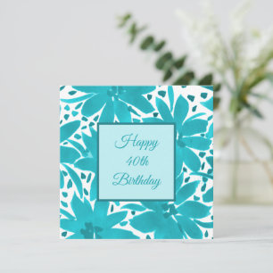 Carte 40e anniversaire Turquoise Blue Flowers Aquarelle 