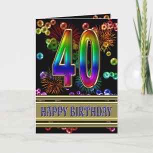 Carte 40ème anniversaire avec bulles arc-en-ciel et feux
