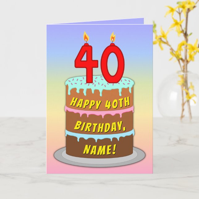 Carte 40th Birthday — Fun Cake & Candles, w/ Custom Name (Fleur jaune)