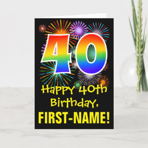 Carte 40th Birthday: Fun Fireworks Pattern + Rainbow 40