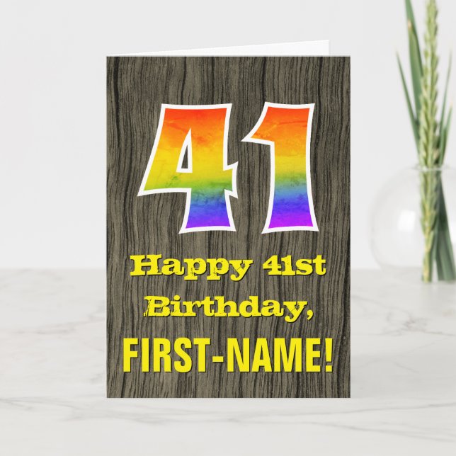 Carte 41e anniversaire : Rustic Faux Wood Look, Arc-en-c (Devant)