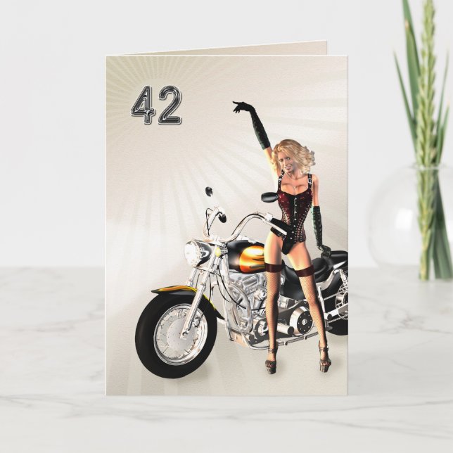 Carte 42e anniversaire, moto et fille (Devant)
