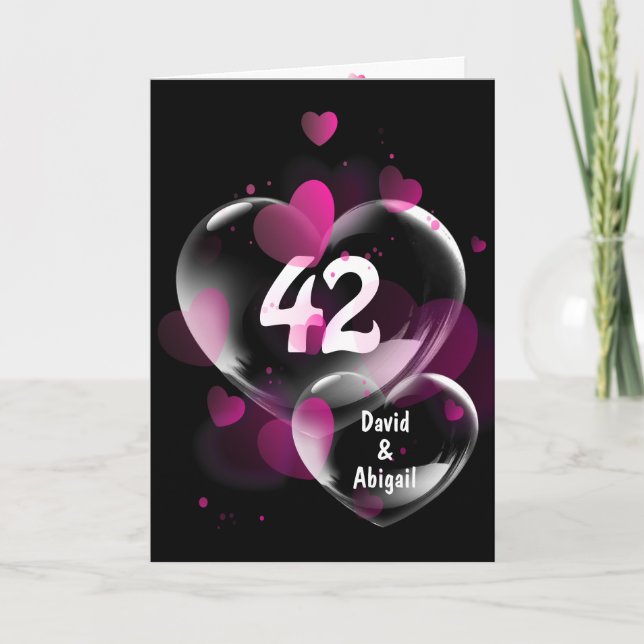 Carte 42ème Anniversaire Bulles cardiaques sur Noir (Devant)