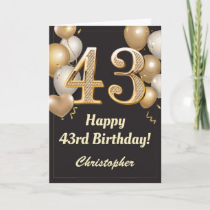 Carte 43e anniversaire Ballons Noir et Or Confetti