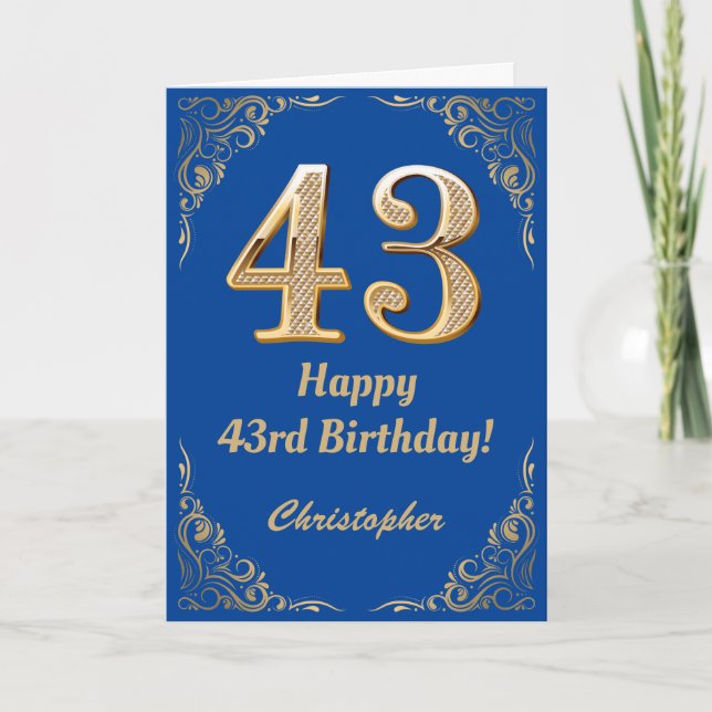 Carte 43e Anniversaire Parties scintillant bleue et or (Devant)