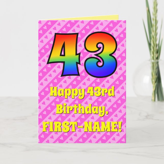 Carte 43e anniversaire : Pink Stripes & Hearts, Rainbow  (Devant)