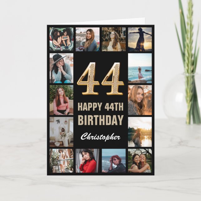 Carte 44e Joyeux anniversaire noir et or Collage photo (Devant)