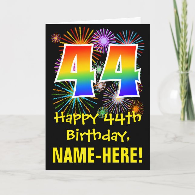 Carte 44ème anniversaire : Fun Fireworks Motif + Rainbow (Devant)