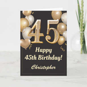 Carte 45e anniversaire Ballons Noir et Or Confetti