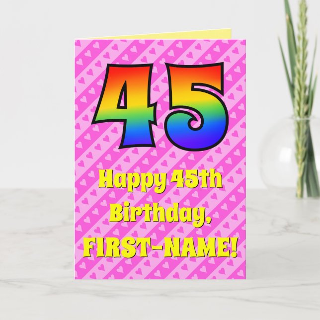 Carte 45e anniversaire : Pink Stripes & Hearts, Arc en c (Devant)