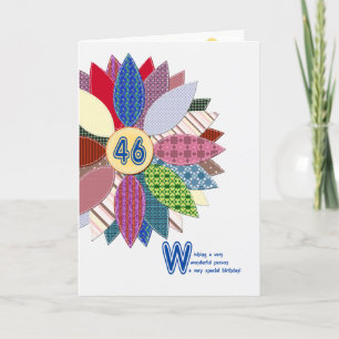 Carte 46 ans, anniversaire de fleur cousue