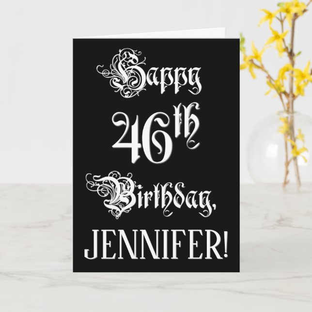 Carte 46e anniversaire : Fancy, Elegant Script + Nom per (Fleur jaune)