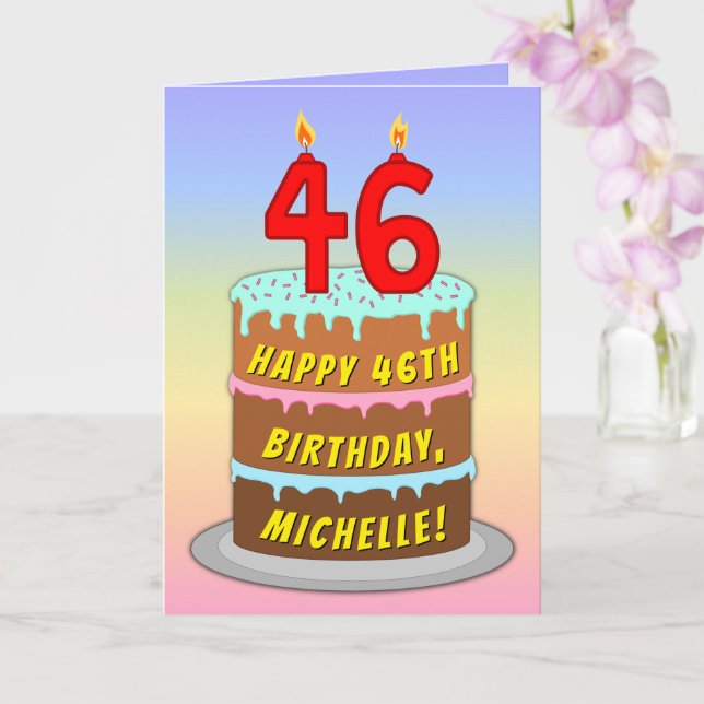 Carte 46e anniversaire — Fun Cake & Candles, avec nom pe (Orchidée)
