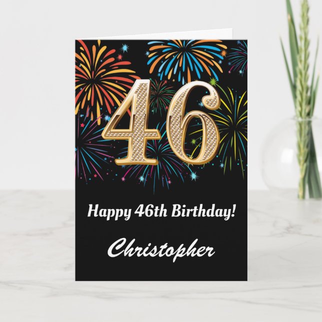 Carte 46e anniversaire Rainbow Fireworks noir et or (Devant)