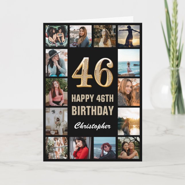Carte 46e Joyeux anniversaire noir et or Collage photo (Devant)