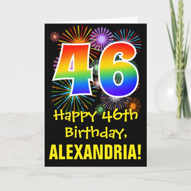 Carte 46ème anniversaire : Fun Fireworks Motif + Rainbow (Devant)