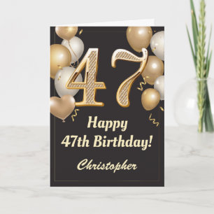 Carte 47e anniversaire Ballons Noir et Or Confetti