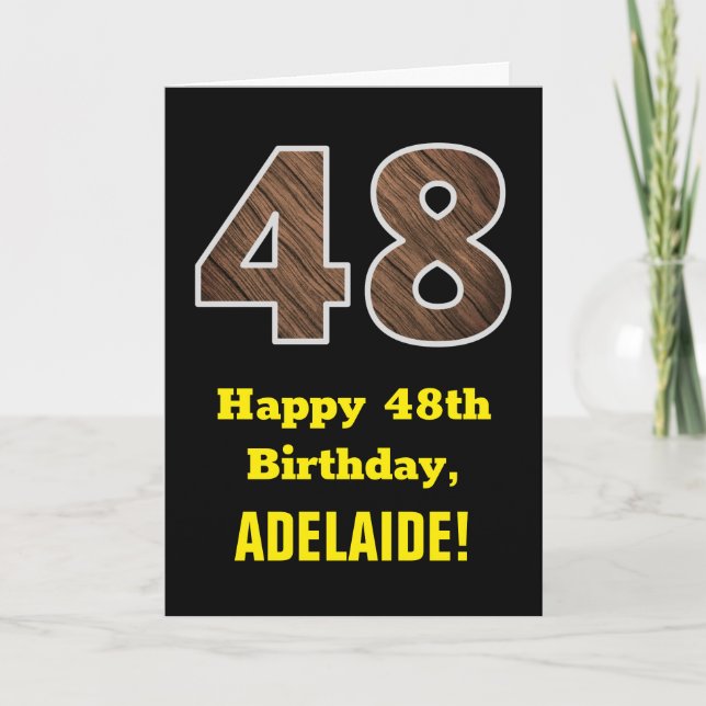 Carte 48e anniversaire : Nom, Motif Faux Wood Grain "48" (Devant)