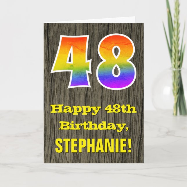 Carte 48e anniversaire : Rustic Faux Wood Look, Arc-en-c (Devant)