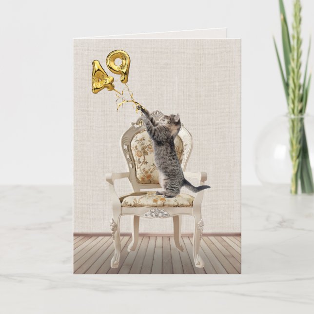 Carte 49e anniversaire Ballons et Tabby Cat (Devant)