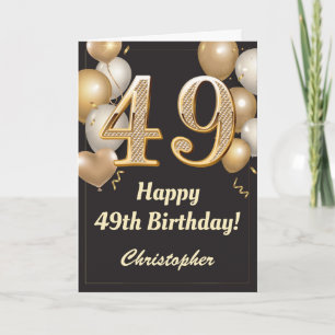 Carte 49e anniversaire Ballons Noir et Or Confetti