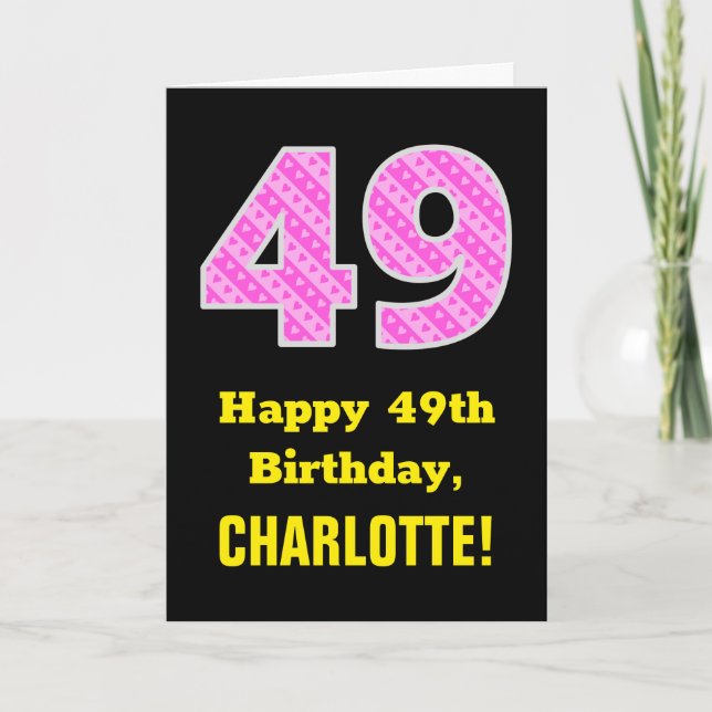 Carte 49e Anniversaire : Bandes roses et coeurs "49" + N (Devant)