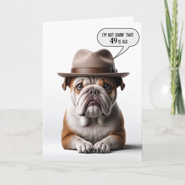 Carte 49e anniversaire Bulldog avec Fedora (Devant)