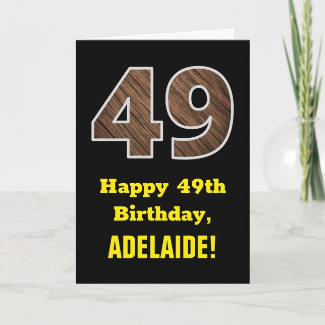Carte 49e anniversaire : Nom, Motif Faux Wood Grain "49" (Devant)