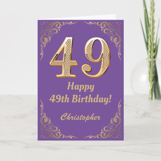 Carte 49e anniversaire Parties scintillant violet et or  (Devant)