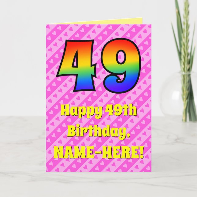 Carte 49e anniversaire : Pink Stripes & Hearts, Arc en c (Devant)