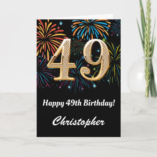 Carte 49e anniversaire Rainbow Fireworks noir et or (Devant)