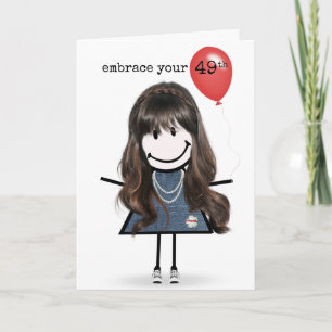 Carte 49e Anniversaire Stick Figure Girl avec Ballons Ro
