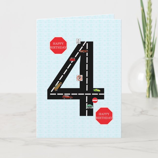 Carte 4 ans, 4 ans, voitures jouets et route (Devant)