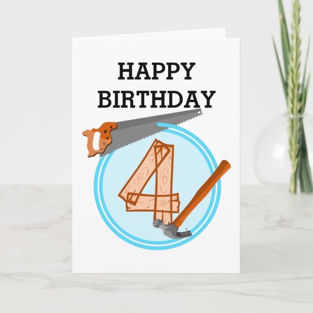 Carte 4 ans Anniversaire thème Constructeur de fête (Devant)