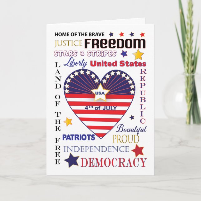 Carte 4 juillet American Holiday Typography Coeur Drapea (Devant)